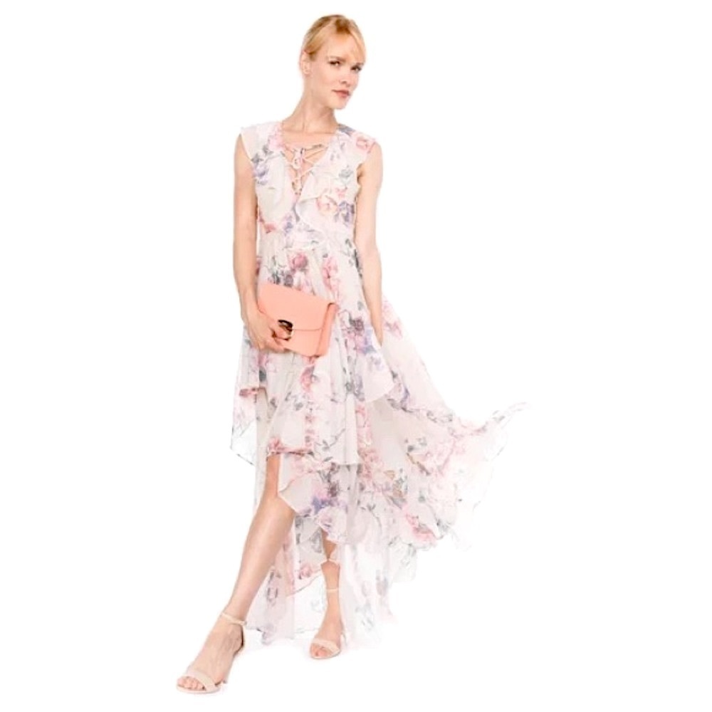Y.A.S. Pionero Blush Pink Floral Elegant High Low Flowy Maxi Dress Sz 12 TALL